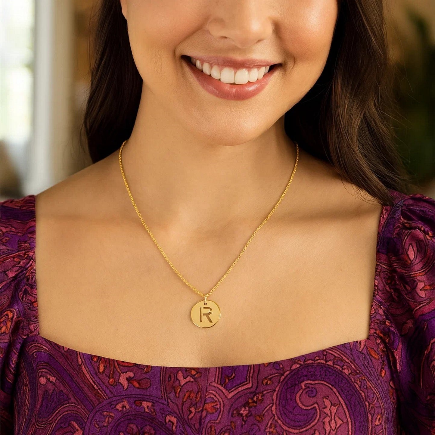 14K Yellow Gold Disc Initial R Pendant