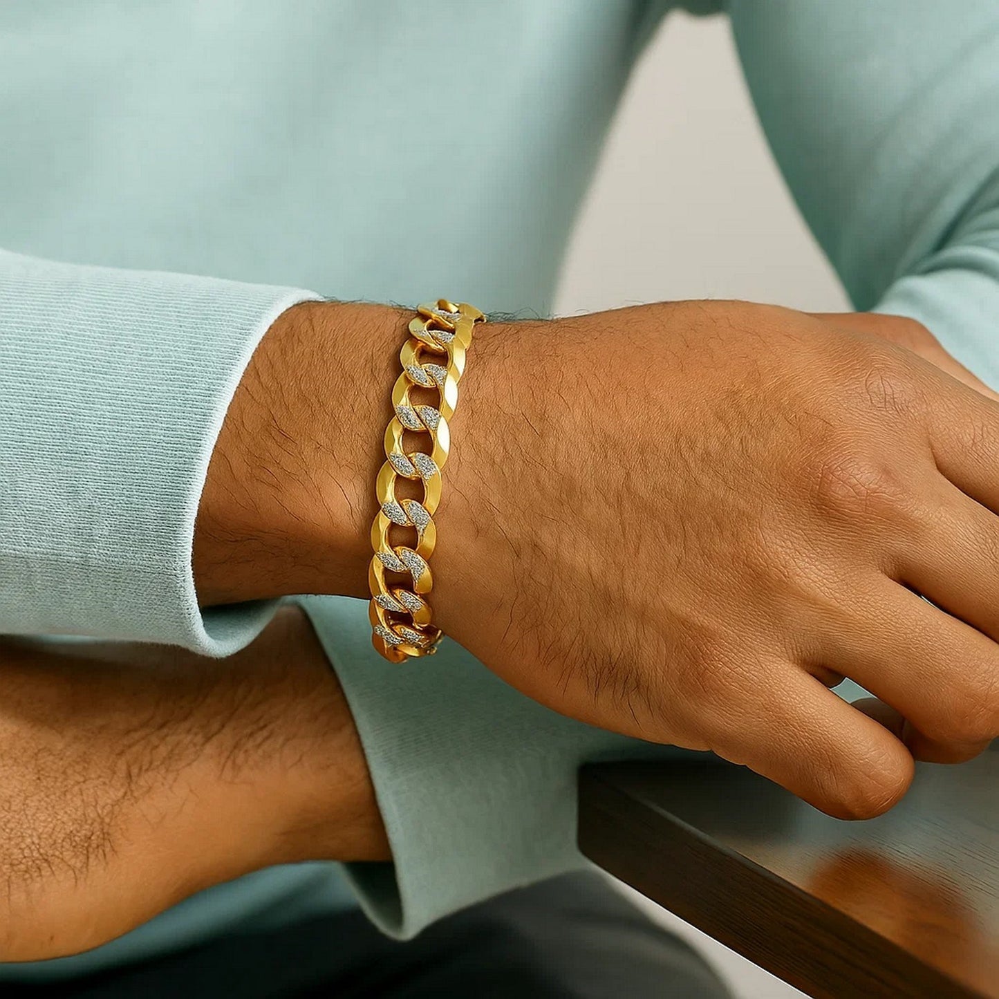 14k Two Tone Gold Pave Curb Bracelet (12.18 mm)