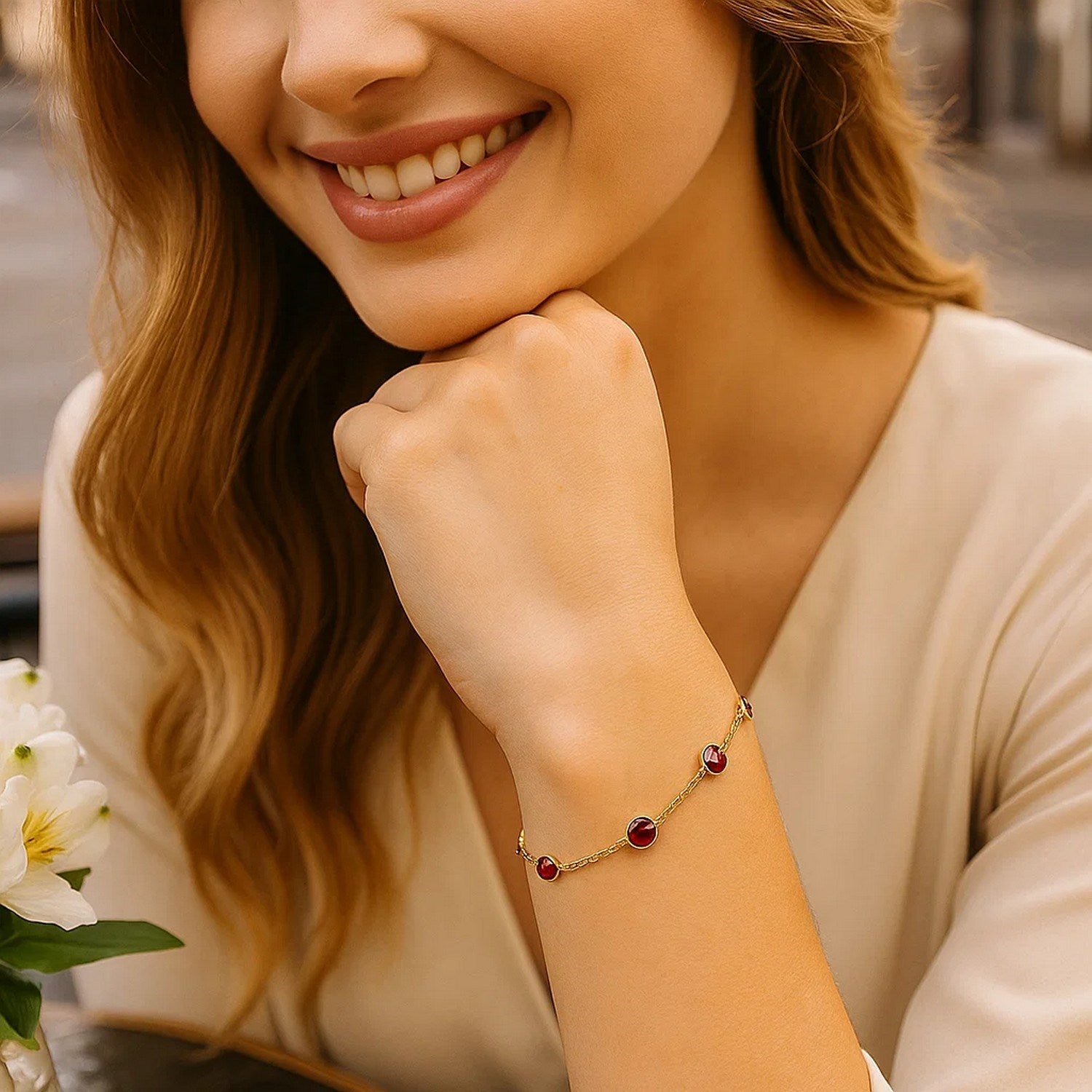 14K Yellow Gold Ruby Station Bracelet
