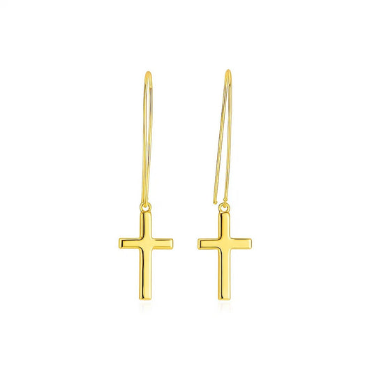 14K Yellow Gold Solid Dangle Cross Earrings (51mm) | True Pure Gold