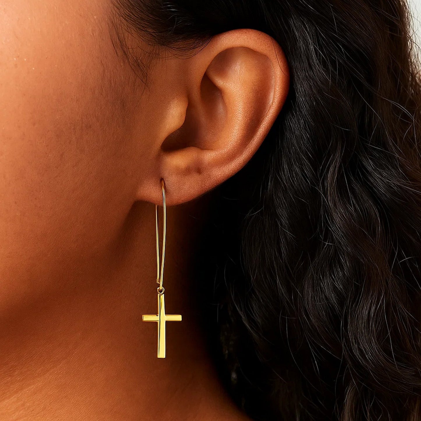 14K Yellow Gold Solid Dangle Cross Earrings (51mm) | True Pure Gold