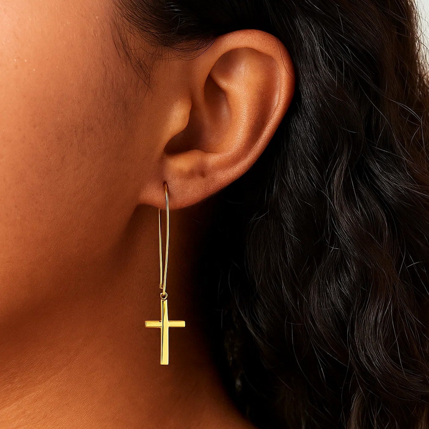 14K Yellow Gold Solid Dangle Cross Earrings (51mm) | True Pure Gold