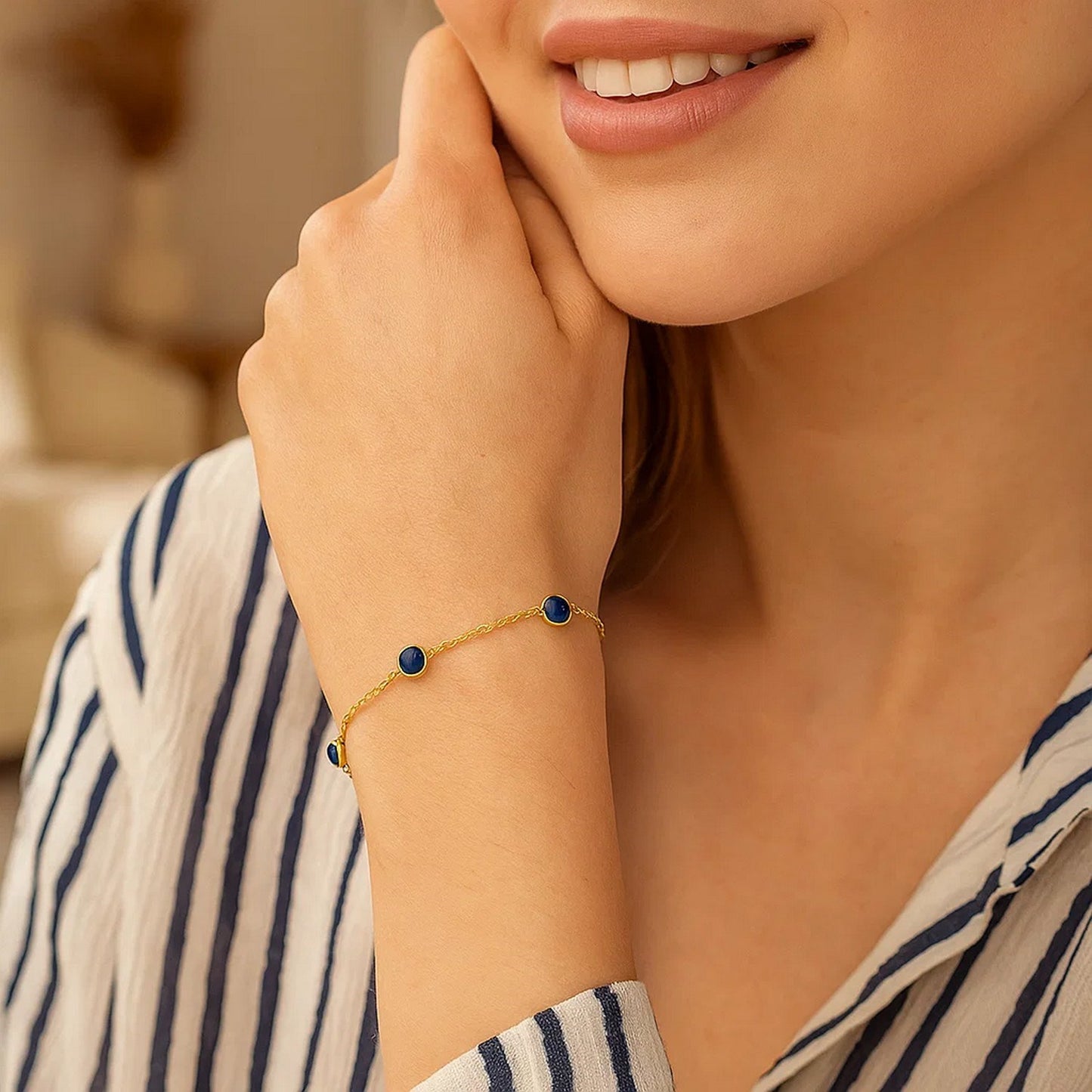 14K Yellow Gold Blue Sapphire Chain Bracelet