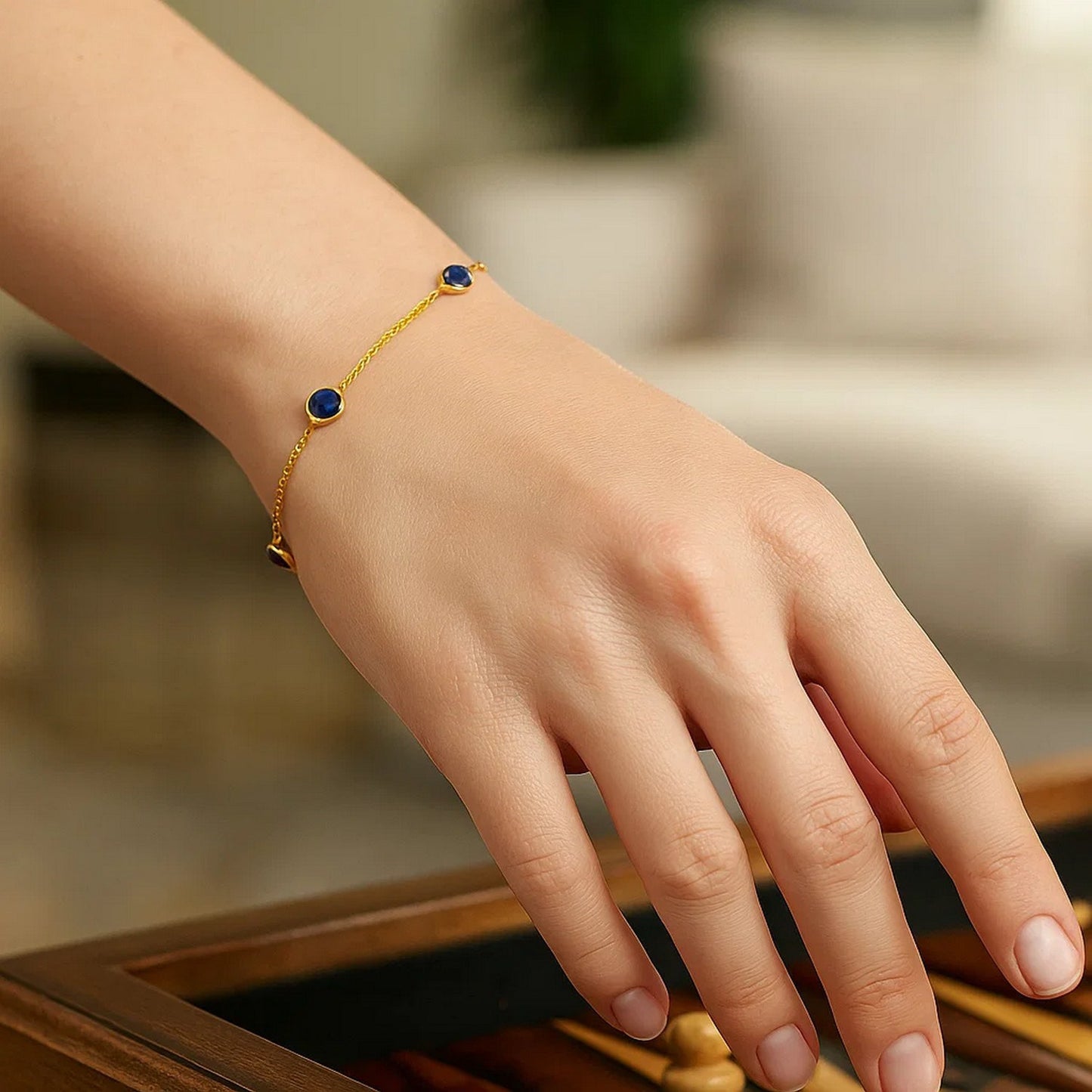 14K Yellow Gold Blue Sapphire Chain Bracelet