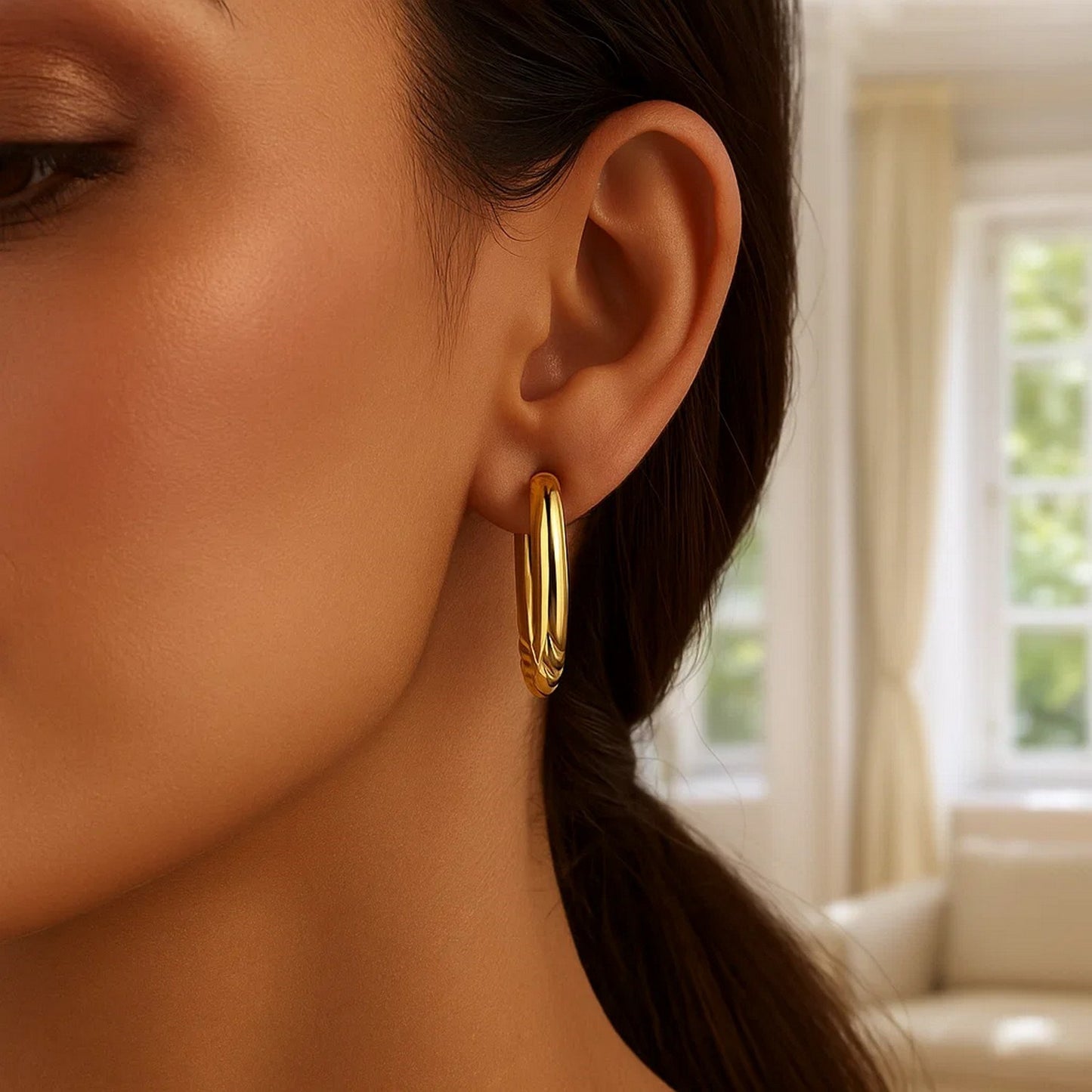 14K Yellow Gold Twisted Medium Hoop Earrings 4x31mm