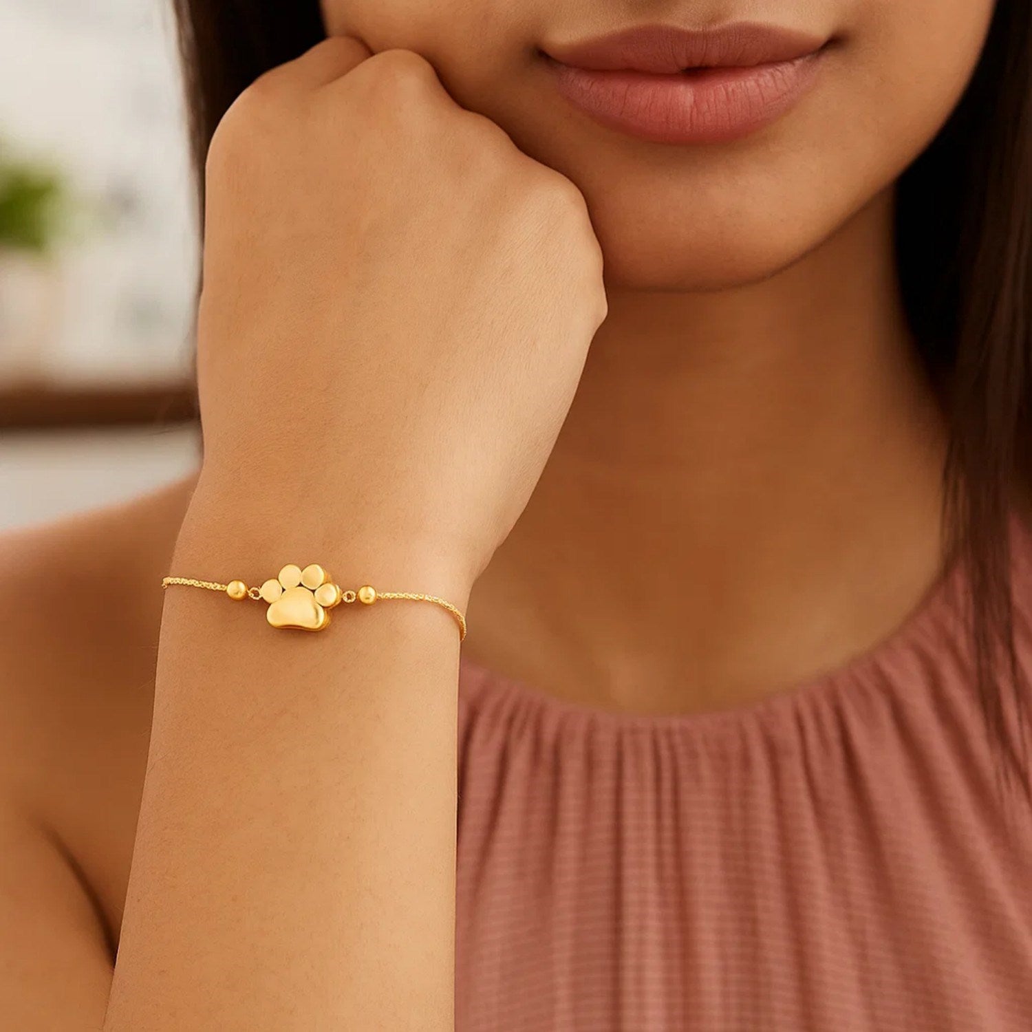 14k Yellow Gold Adjustable Paw Print Bracelet (1.10 mm)