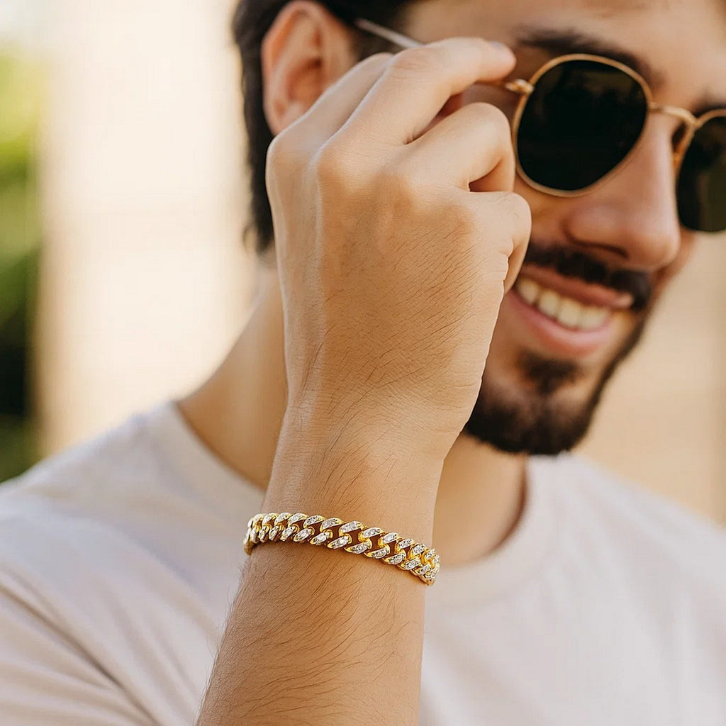 14K Yellow Gold Pavé Cuban Bracelet 6.50mm | White Pavé High Polish