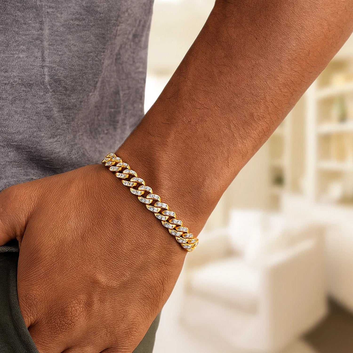 14K Yellow Gold Pavé Cuban Bracelet 6.50mm | White Pavé High Polish