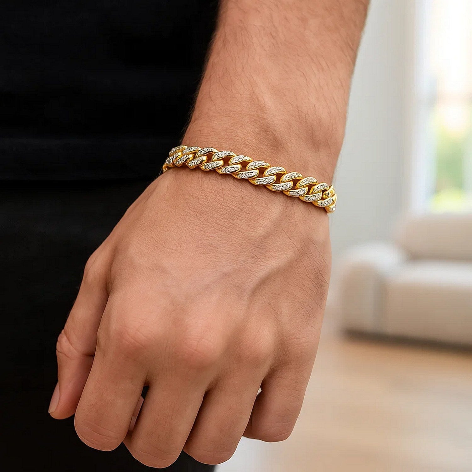 14K Yellow Gold Pavé Cuban Bracelet 6.50mm | White Pavé High Polish