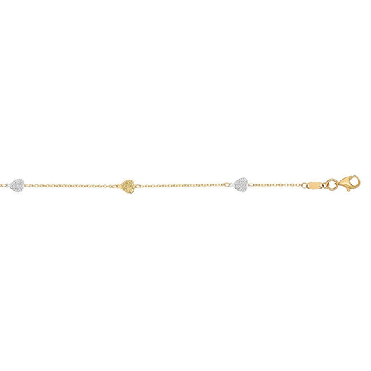 14k Two-Toned Yellow and White Gold Anklet with Textured Hearts