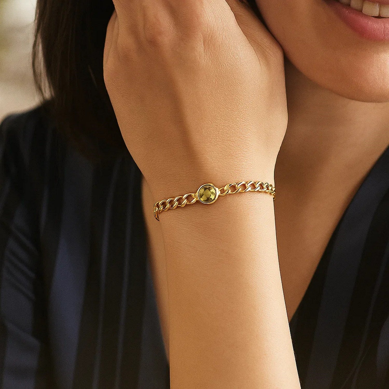 14K Yellow Gold Peridot Curb Chain Bracelet (3.60mm)