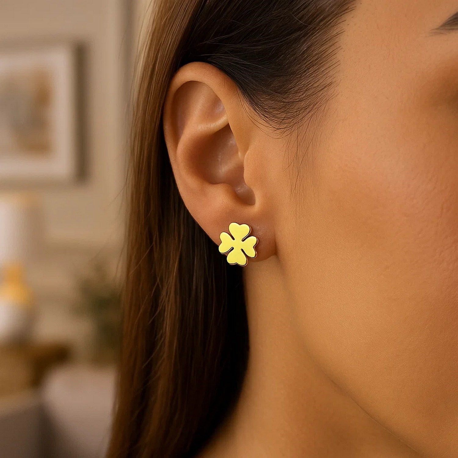 14K Yellow Gold Four Leaf Clover Earrings(10mm)