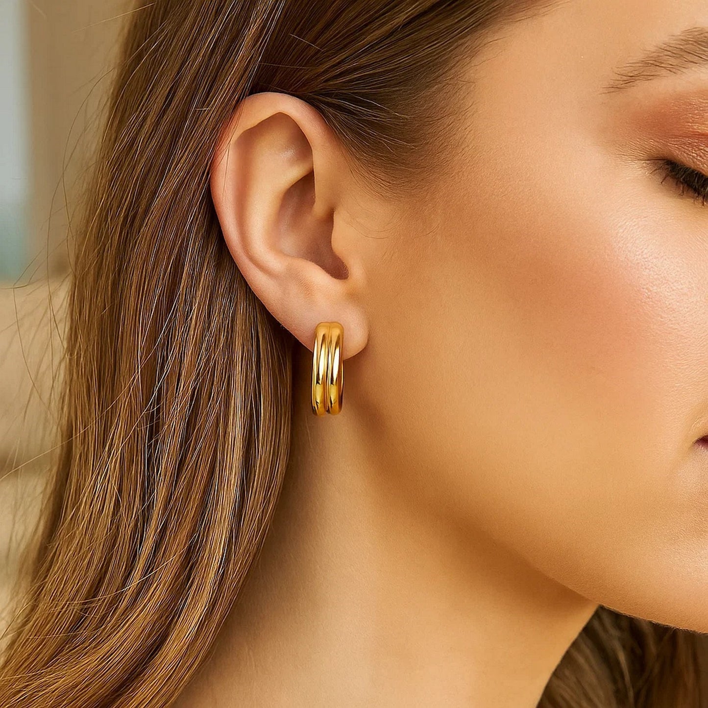14K Yellow Gold Double Oval Hoop Earrings