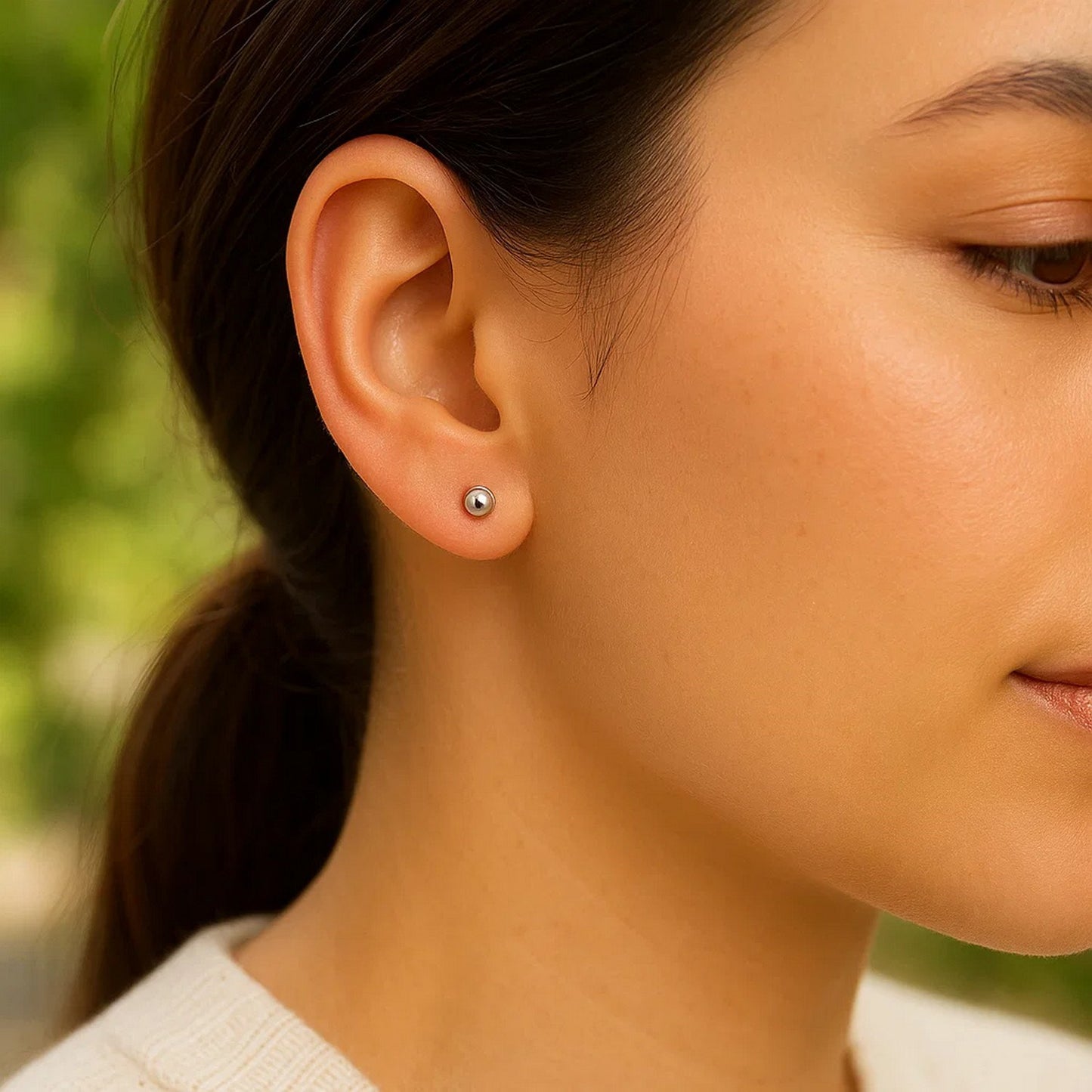 14K White Gold Spherical Stud Earrings – 3mm Solid Gold Ball Studs