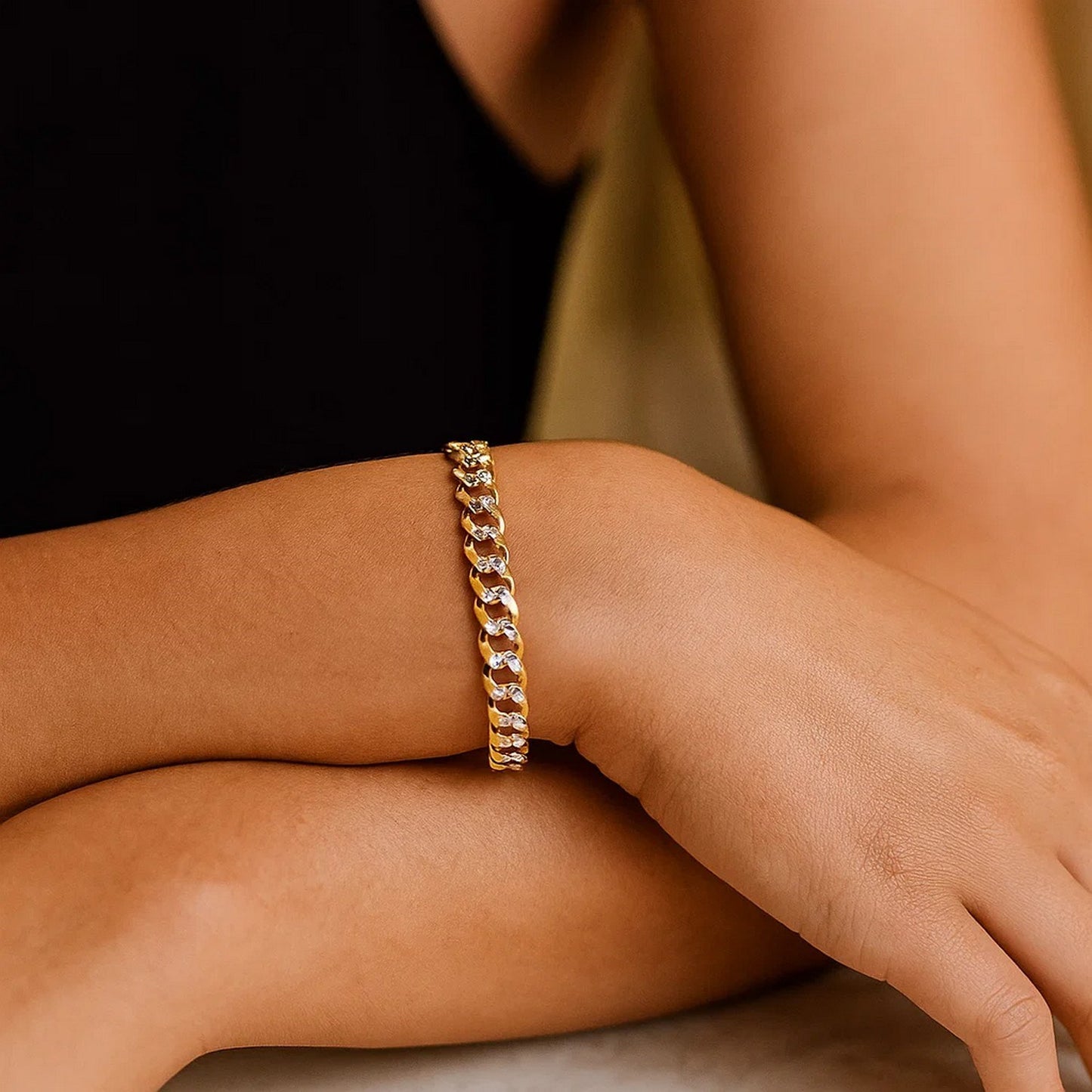 14k Two Tone Gold Pave Curb Bracelet (5.70 mm)