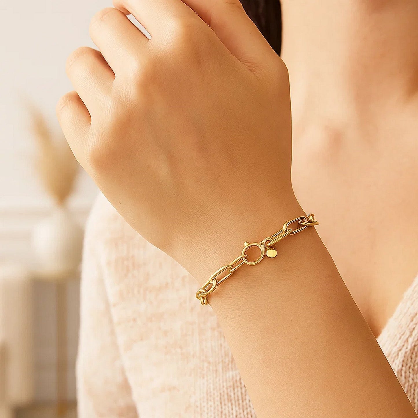 14K Yellow Gold Charm Lock Paperclip Chain Bracelet