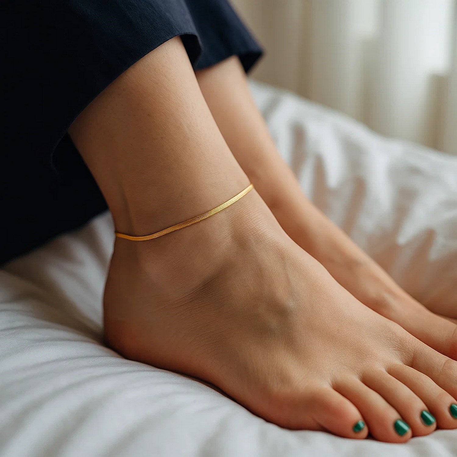 14K Yellow Gold Super Flex Herringbone Anklet 1.50mm | Solid Gold, 10"