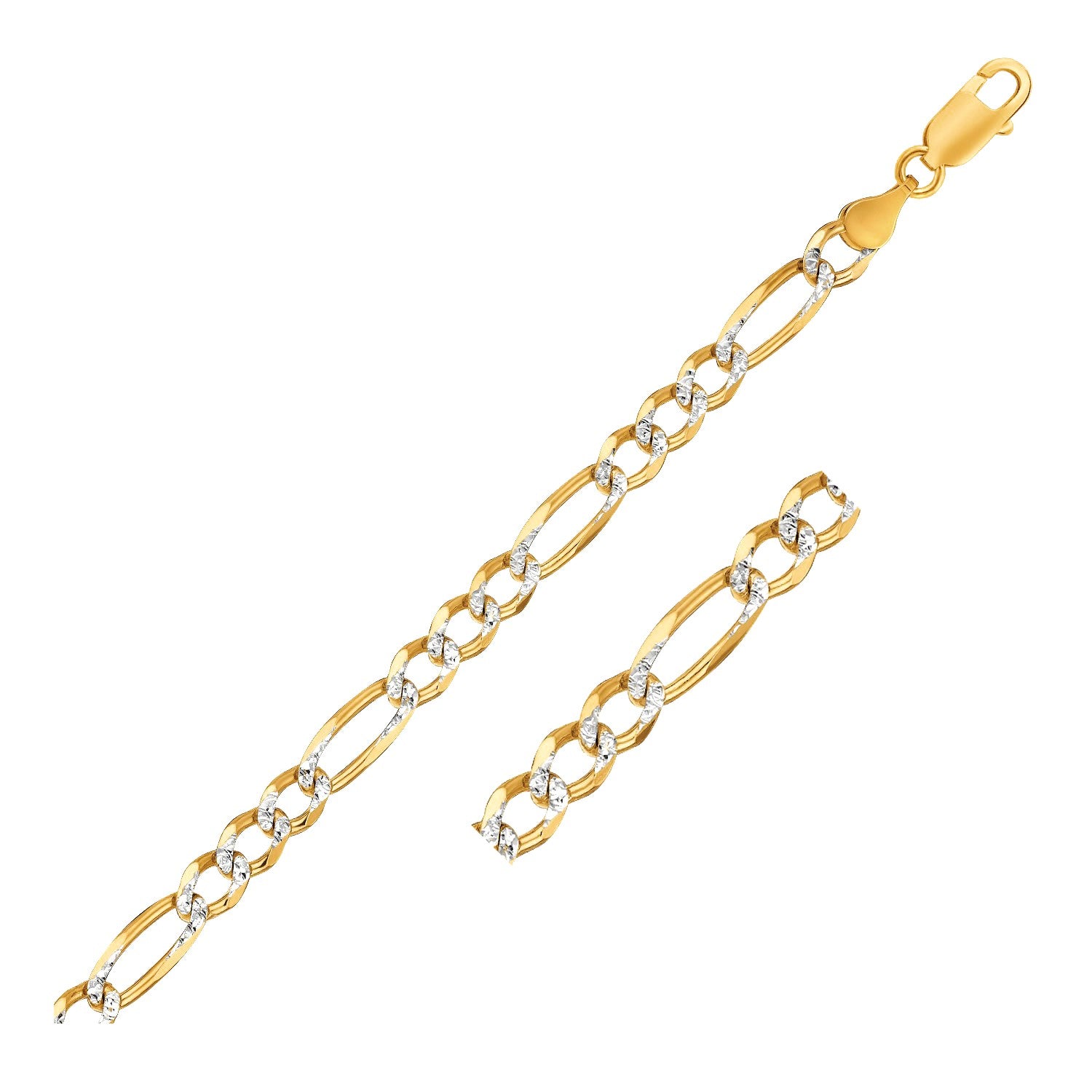 14K Two-Tone Gold Solid Pavé Figaro Chain – 7.00mm, Solid Gold
