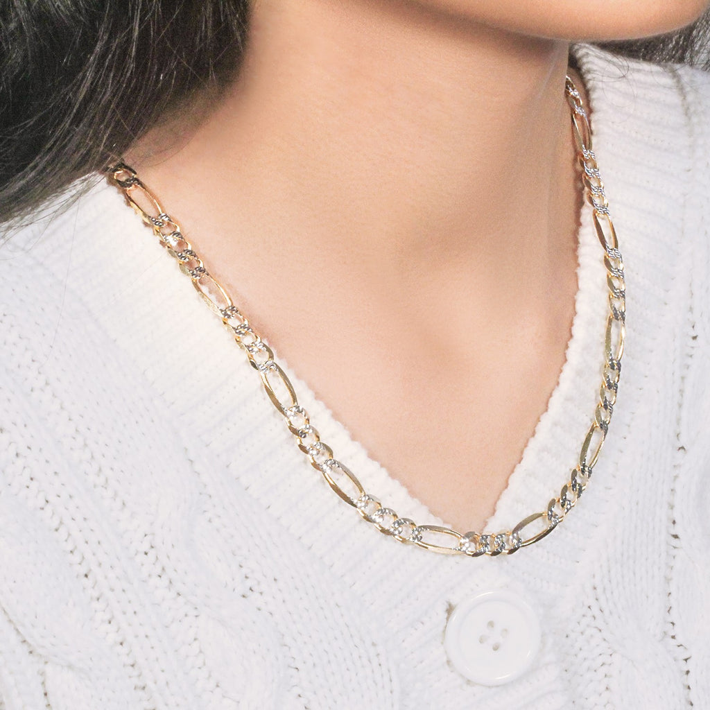 14K Two-Tone Gold Solid Pavé Figaro Chain – 7.00mm, Solid Gold