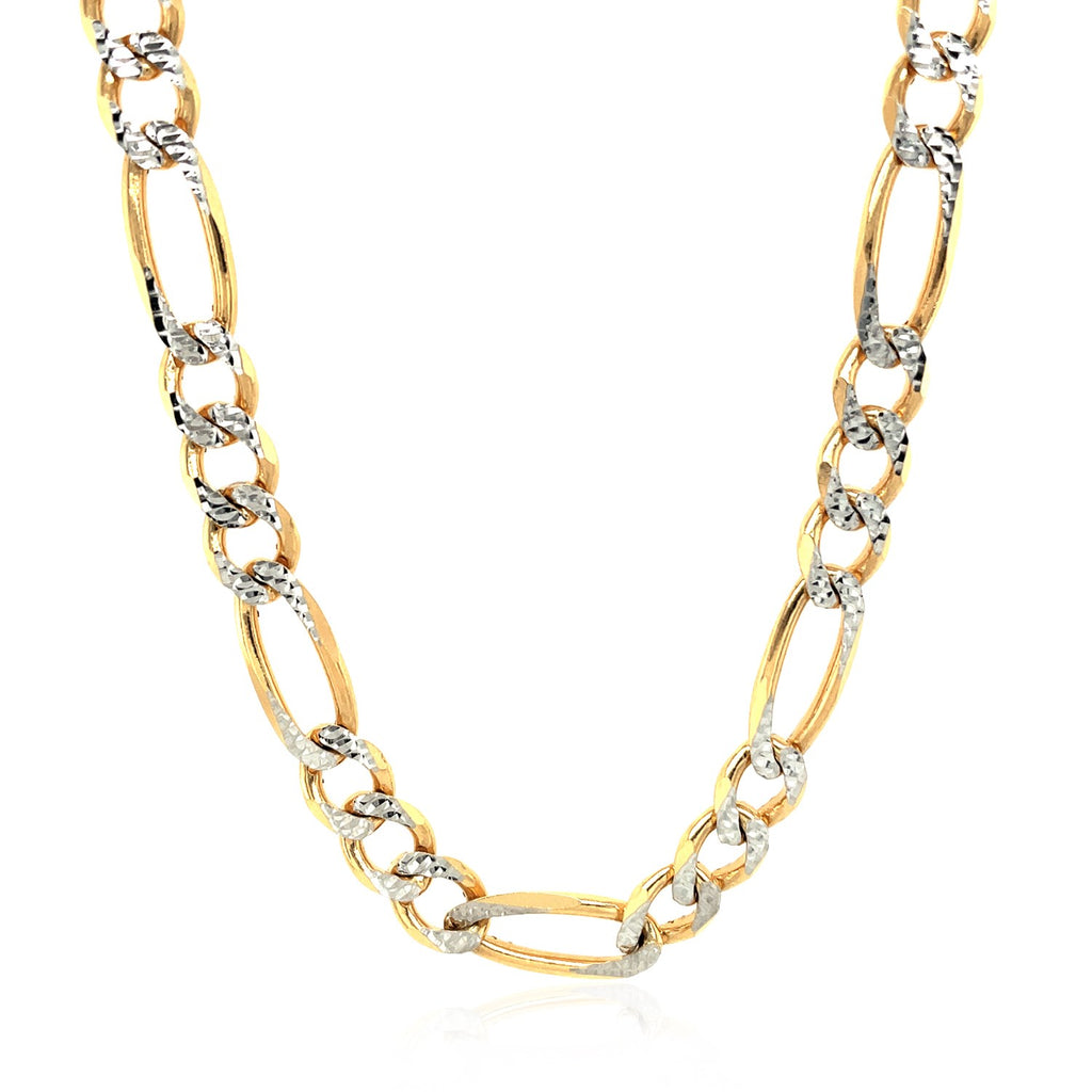 14K Two-Tone Gold Solid Pavé Figaro Chain – 7.00mm, Solid Gold