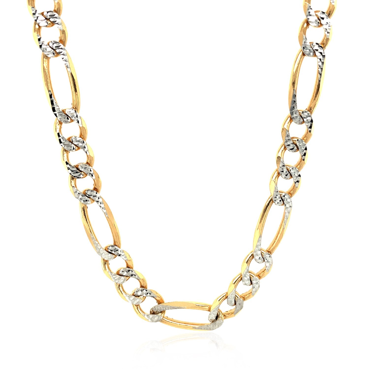 14K Two-Tone Gold Solid Pavé Figaro Chain – 7.00mm, Solid Gold