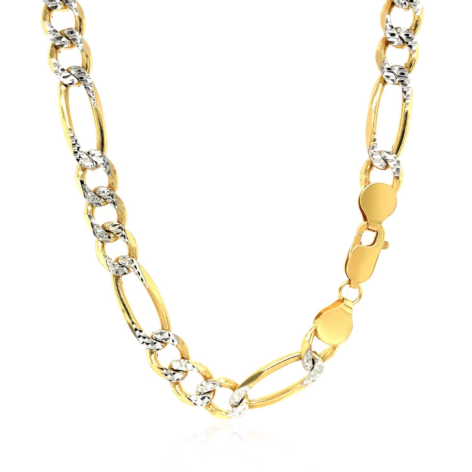 14K Two-Tone Gold Solid Pavé Figaro Chain – 7.00mm, Solid Gold