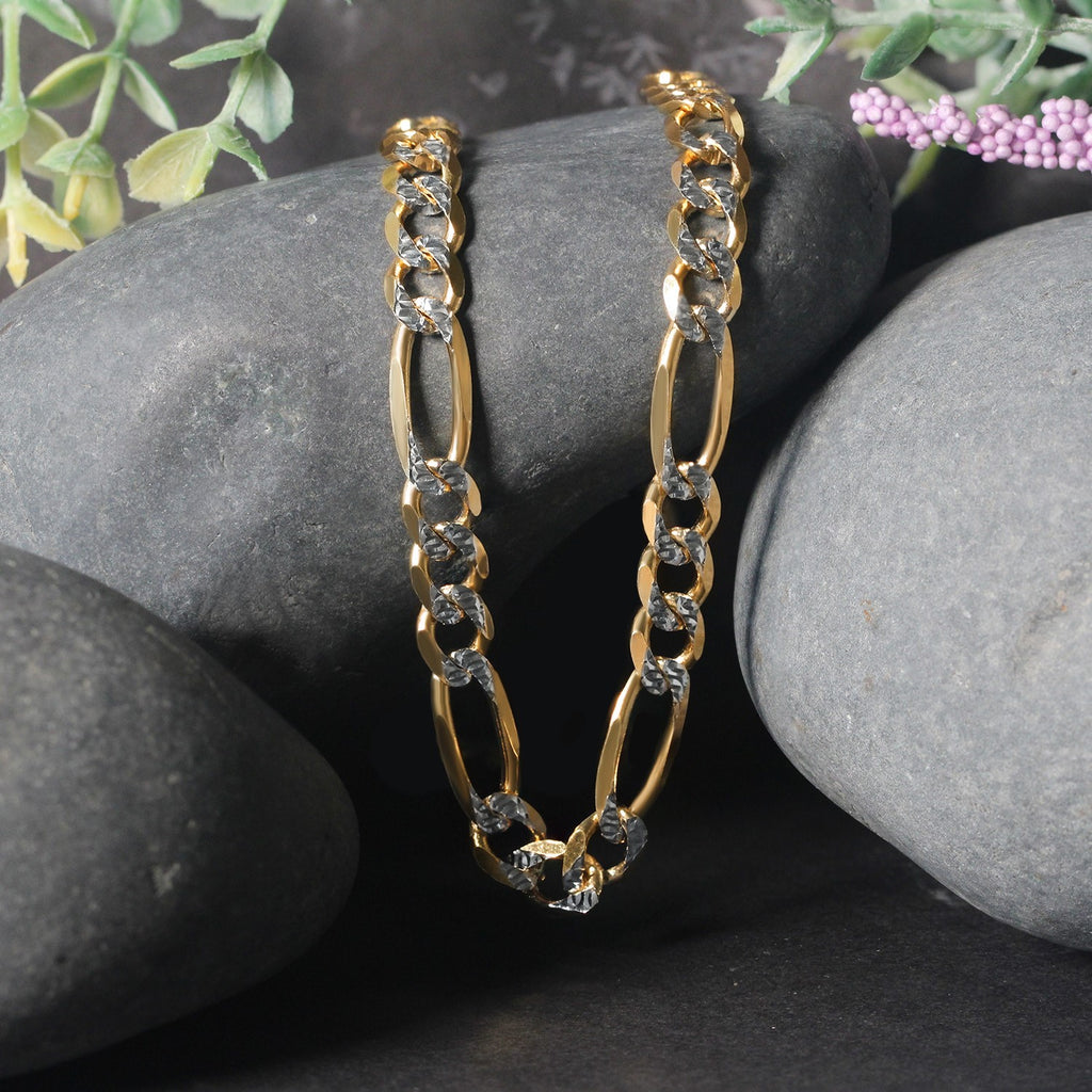 14K Two-Tone Gold Solid Pavé Figaro Chain – 7.00mm, Solid Gold