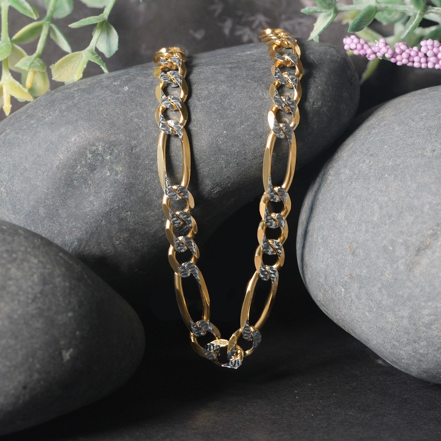 14K Two-Tone Gold Solid Pavé Figaro Chain – 7.00mm, Solid Gold