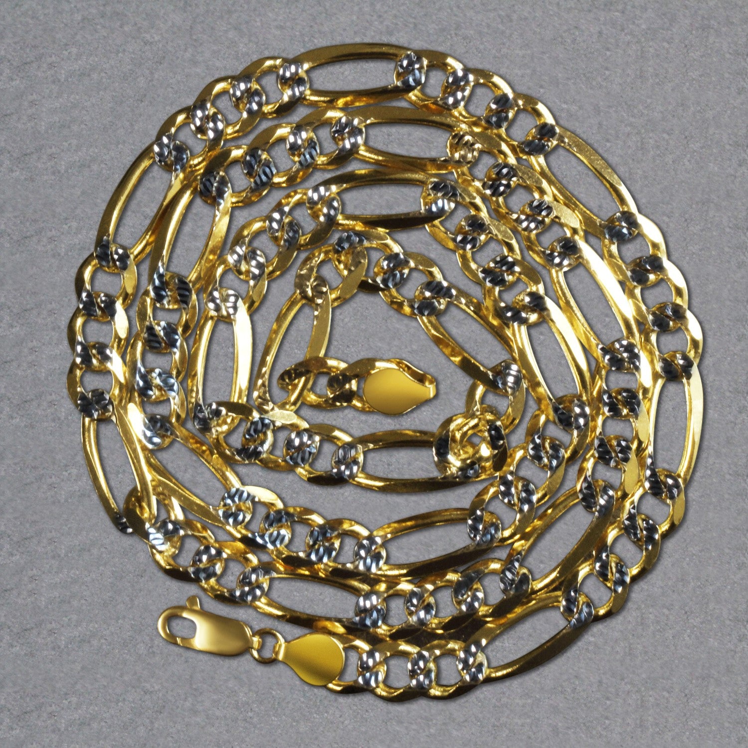 14K Two-Tone Gold Solid Pavé Figaro Chain – 7.00mm, Solid Gold