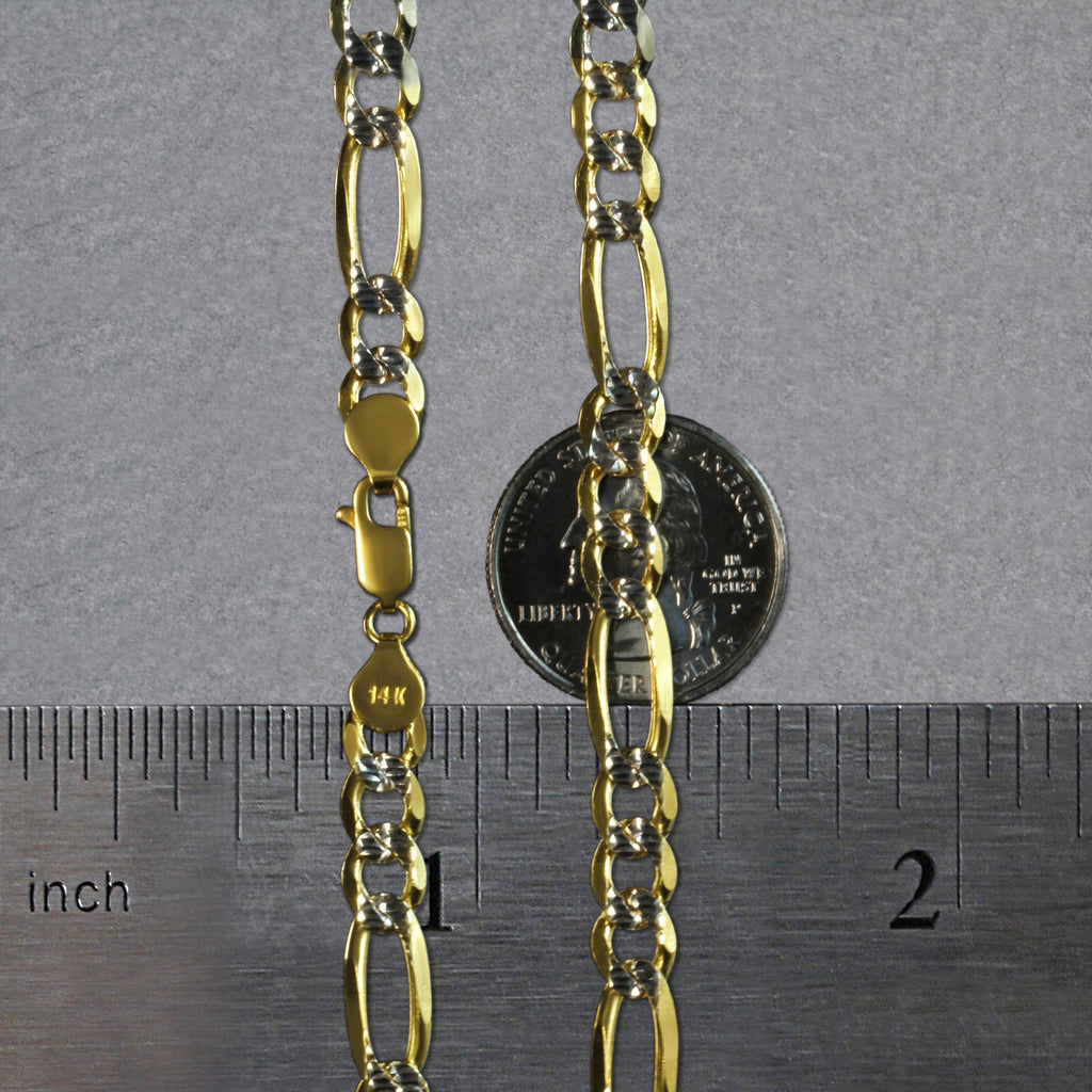 14K Two-Tone Gold Solid Pavé Figaro Chain – 7.00mm, Solid Gold