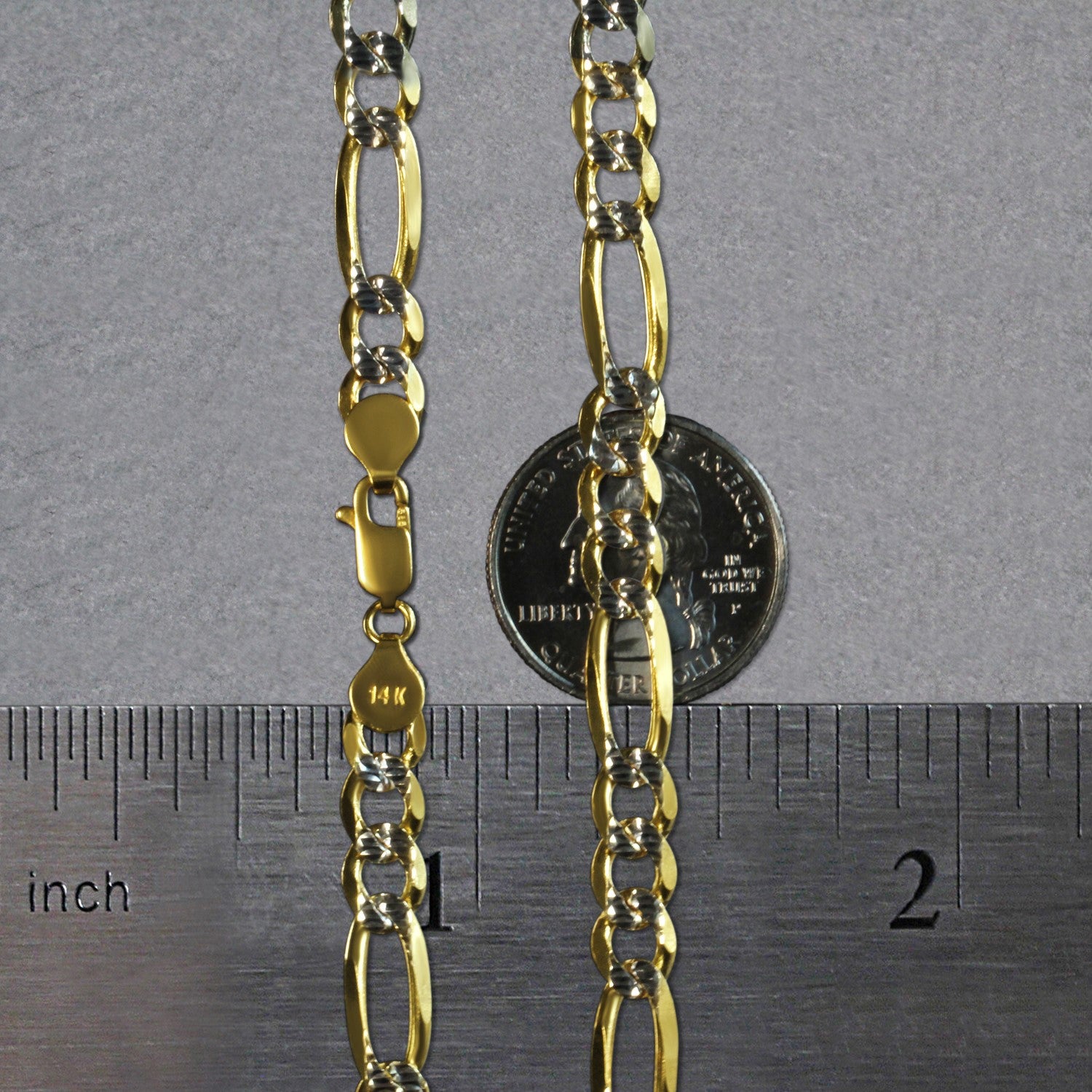 14K Two-Tone Gold Solid Pavé Figaro Chain – 7.00mm, Solid Gold