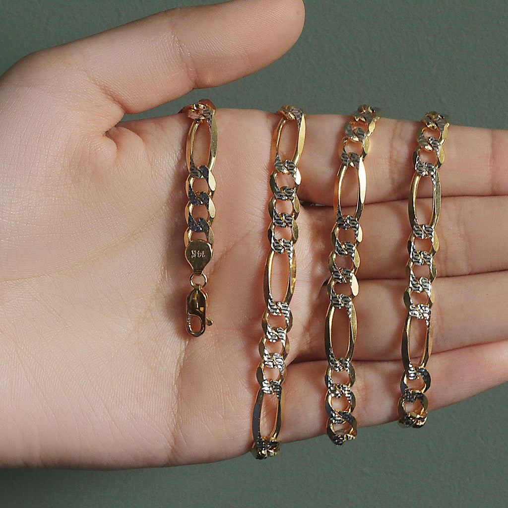 14K Two-Tone Gold Solid Pavé Figaro Chain – 7.00mm, Solid Gold