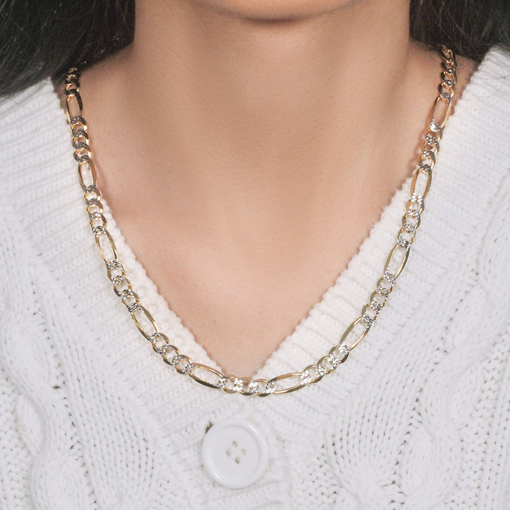 14K Two-Tone Gold Solid Pavé Figaro Chain – 7.00mm, Solid Gold