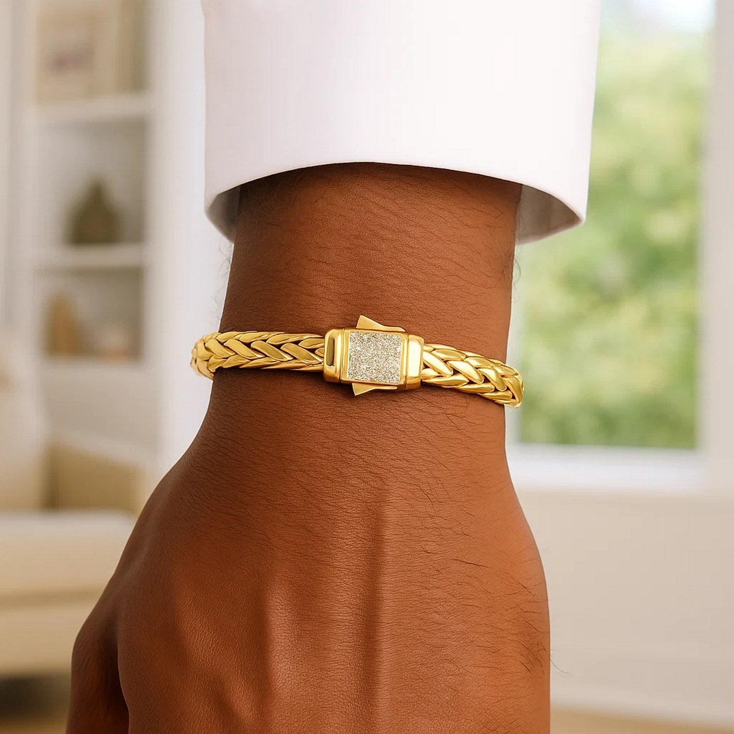 14K Yellow Gold Woven Rope Bracelet with Diamond Accented Clasp