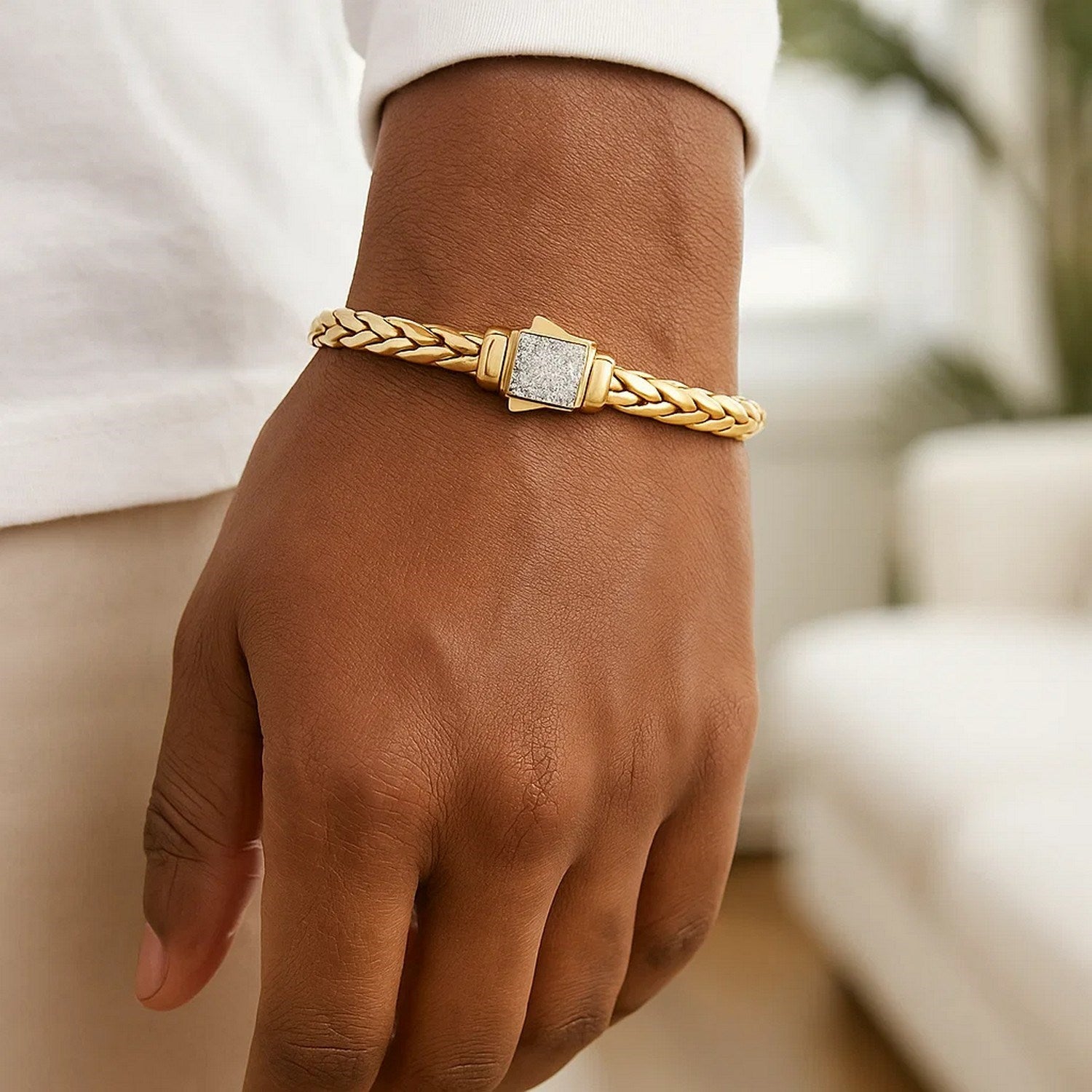 14K Yellow Gold Woven Rope Bracelet with Diamond Accented Clasp