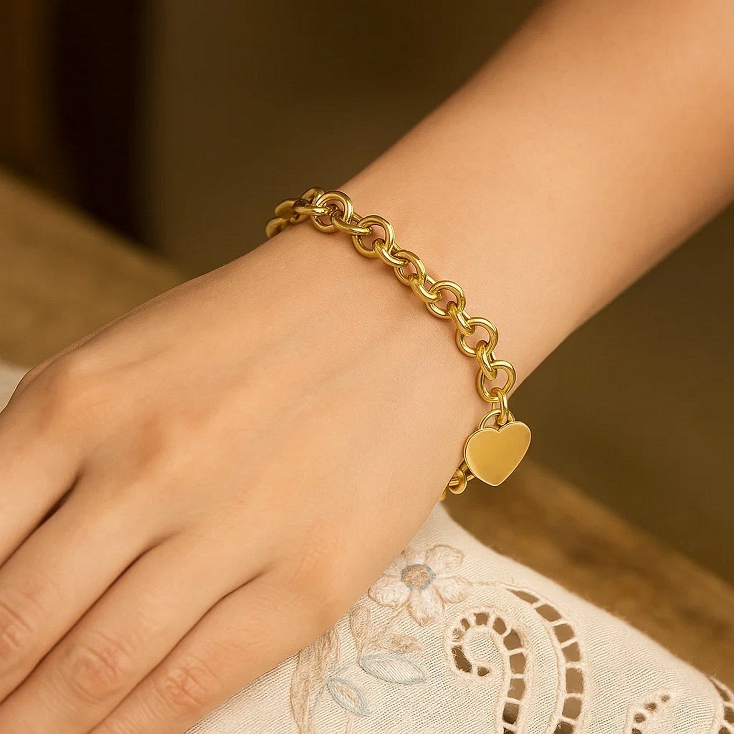 Heart Tag with Rolo Link Bracelet 14K Yellow Gold (11.40mm)