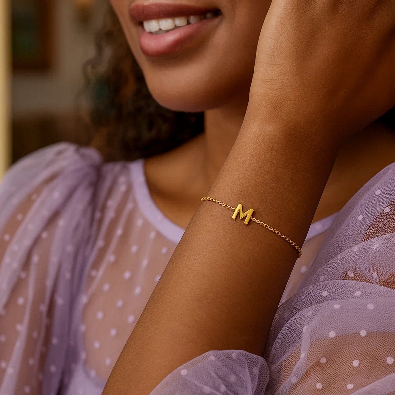 14K Yellow Gold Women's Mini Initial M Bracelet – 7 Inches – 14K Gold