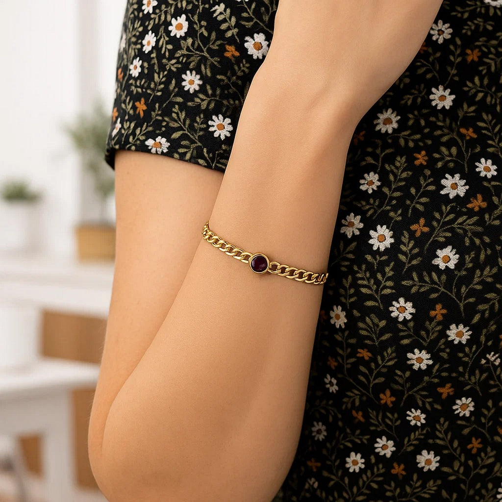 14K Yellow Gold Garnet Curb Chain Bracelet (3.60mm)