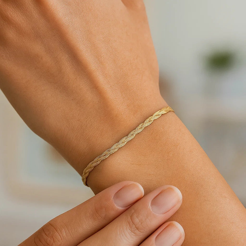 14K Yellow Gold Braided Herringbone Bracelet 3.20mm | Solid Gold, High Polish