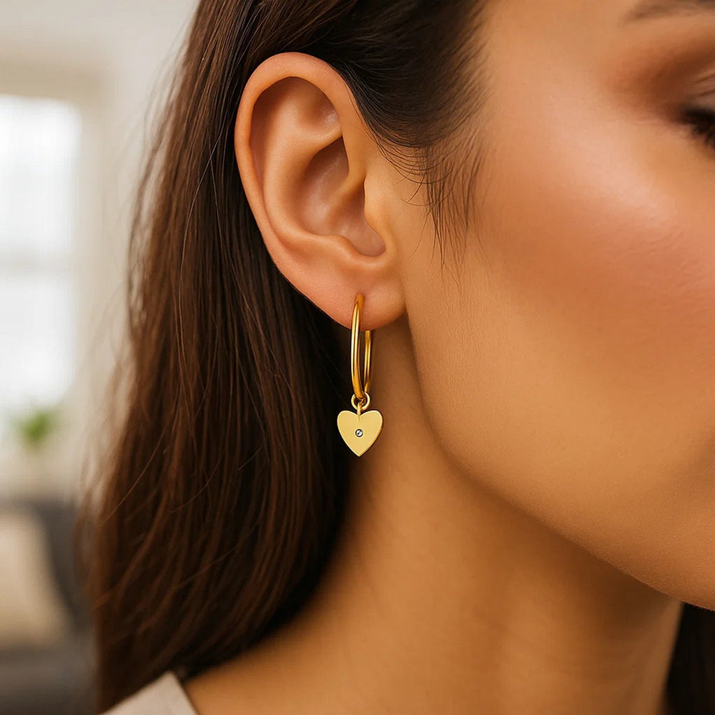 14K Yellow Gold Diamond Heart Charm Hoop Earrings