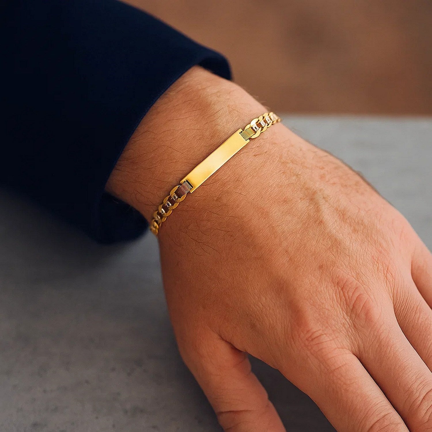 14K Two-Tone Gold Men's Curb ID Bracelet, 8.5"