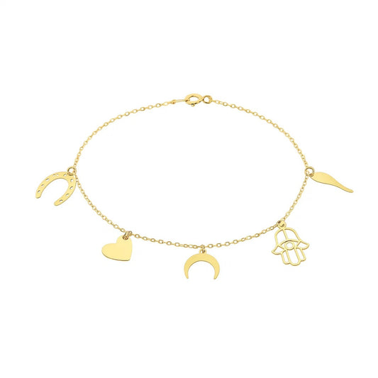 14k Yellow Gold 7 inch Bracelet with Polished Charms