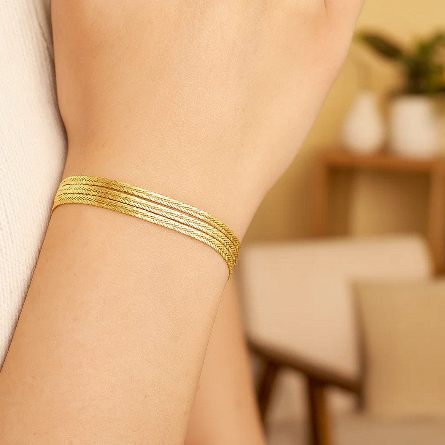14K Yellow Gold Three Strand Herringbone Bracelet 1.80mm | Solid Gold, 7"
