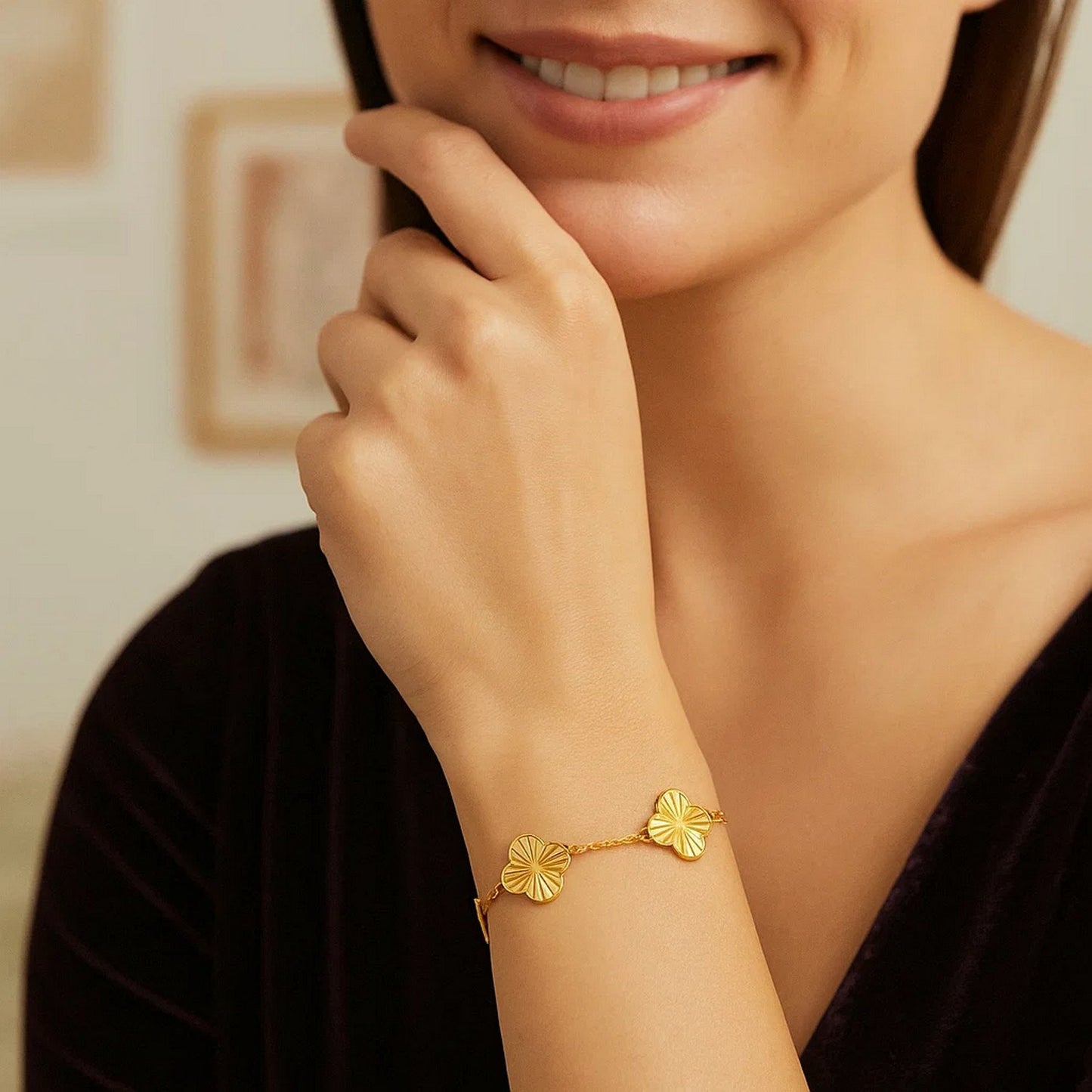 14K Yellow Gold Clover Link Bracelet | Spring Ring Clasp | 7.25 Inches