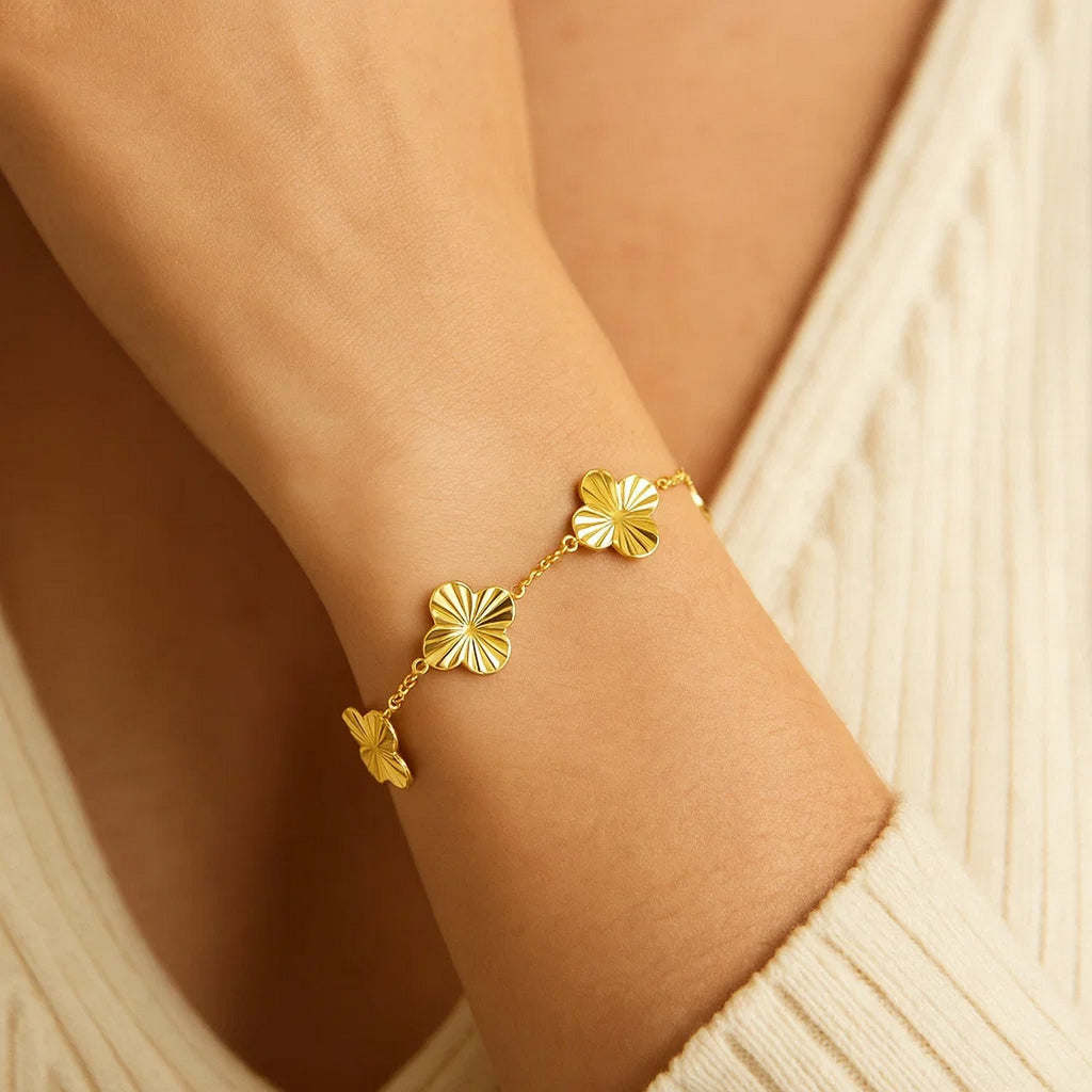 14K Yellow Gold Clover Link Bracelet | Spring Ring Clasp | 7.25 Inches