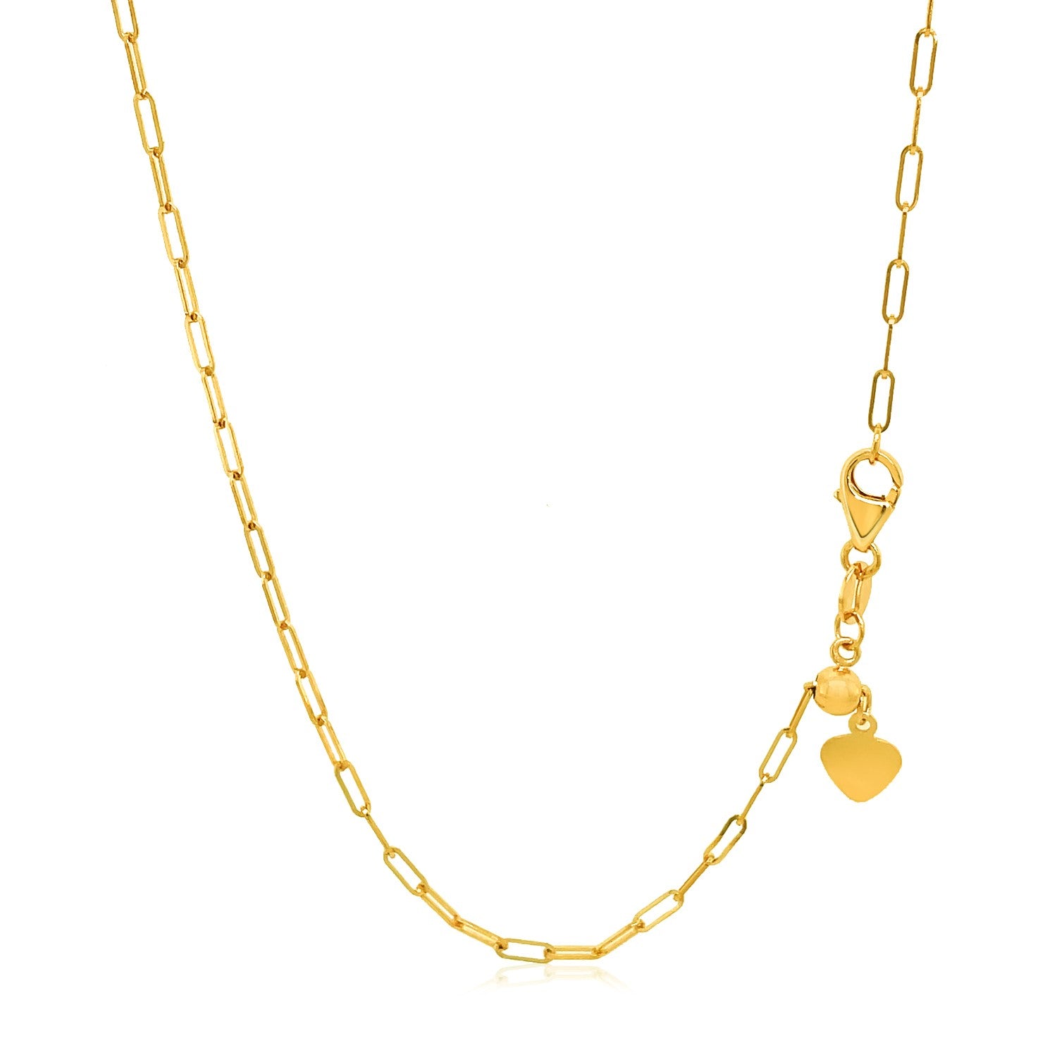 14K Yellow Gold Adjustable Paperclip Chain 1.50mm | Heart Dangle, Solid Gold