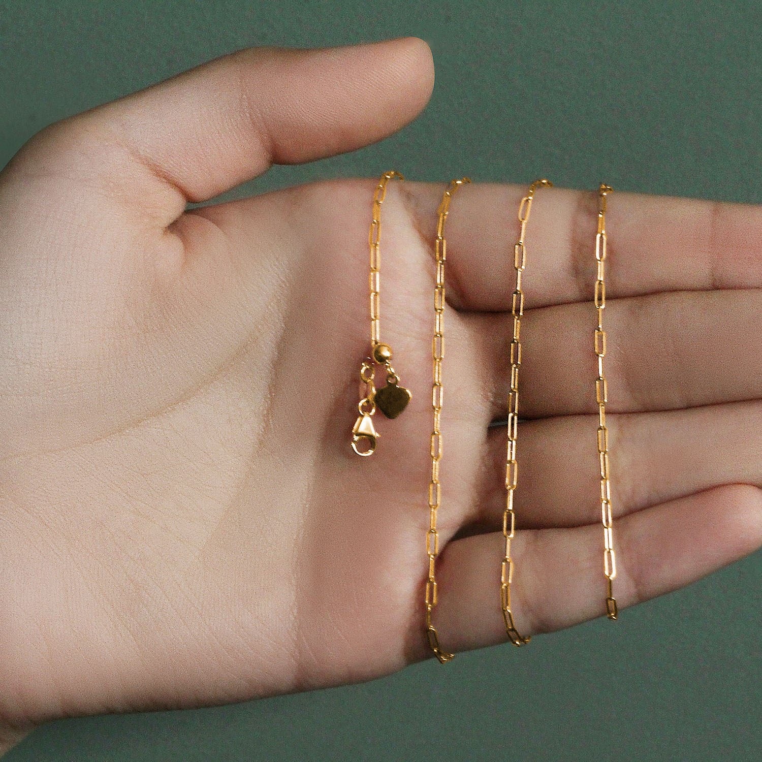 14K Yellow Gold Adjustable Paperclip Chain 1.50mm | Heart Dangle, Solid Gold