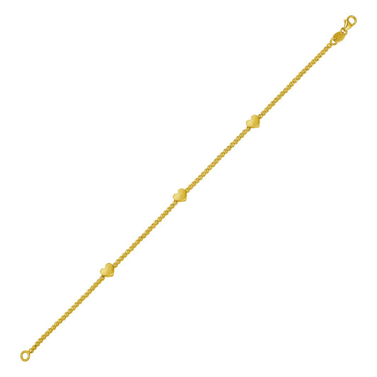 14K Yellow Gold Heart Station Beaded Bracelet 7"