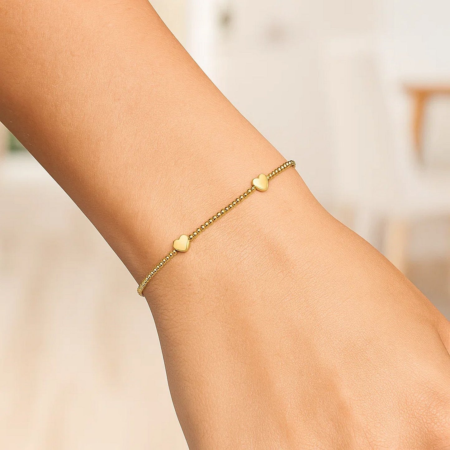 14K Yellow Gold Heart Station Beaded Bracelet 7"