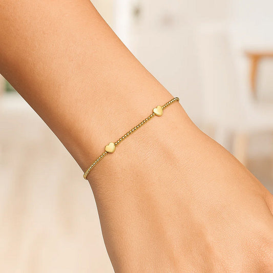 14K Yellow Gold Heart Station Beaded Bracelet 7"